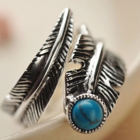 LAST! NEW 925 Sterling Silver Feather  Turquoise Ring |  Adjustable Size - Picture 14 of 16
